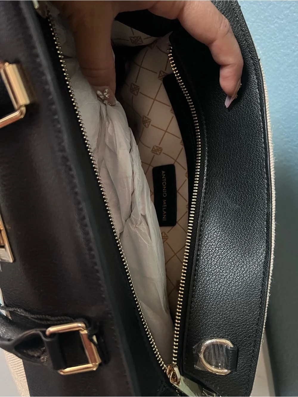 New With Tags ANTONIO MELANI Black & Cream Structured Top-Handle Satchel